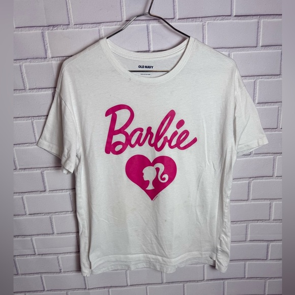 Old Navy White and Pink Barbie Logo Tee/girls size XL - Picture 1 of 5